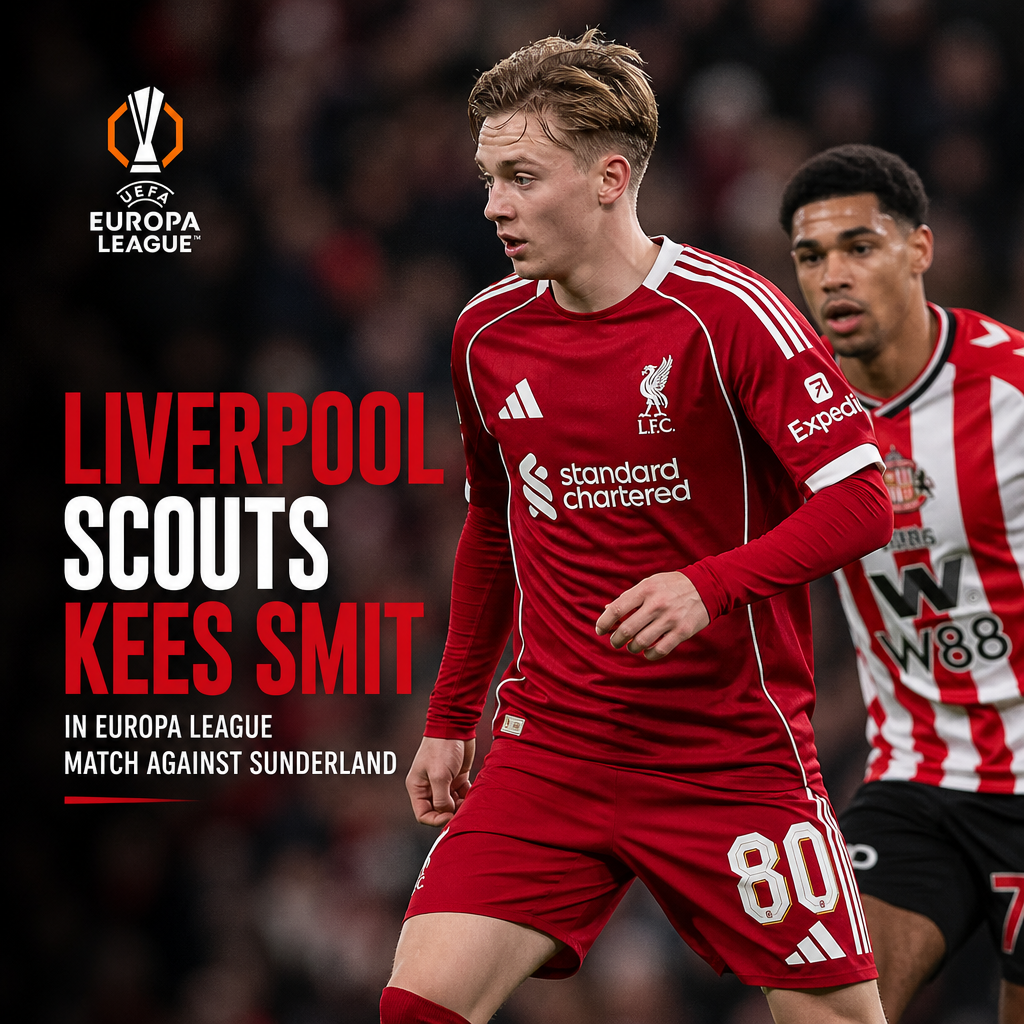 Liverpool scouts watch Kees Smit play in a Europa League match against Sunderland from the sidelines.