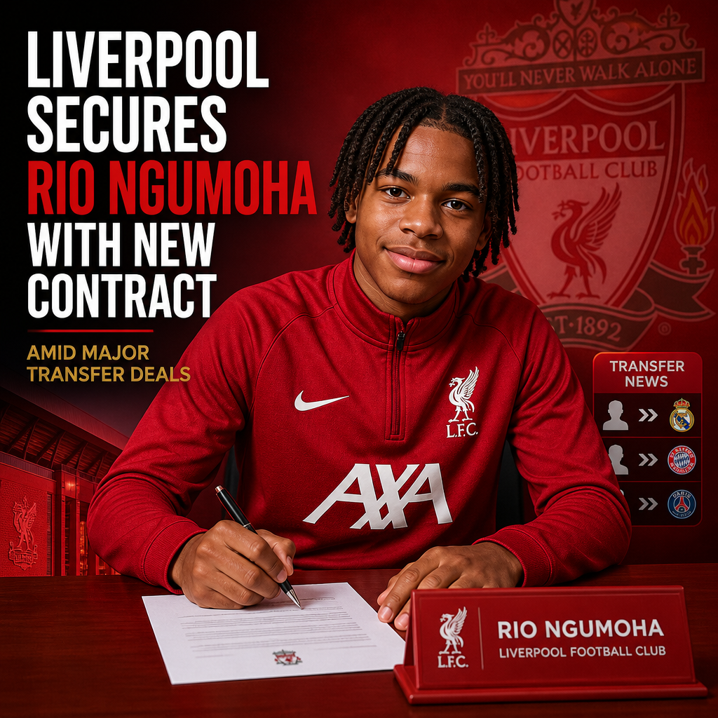Rio Ngumoha celebrating on the pitch wearing a Liverpool jersey after signing a new contract.