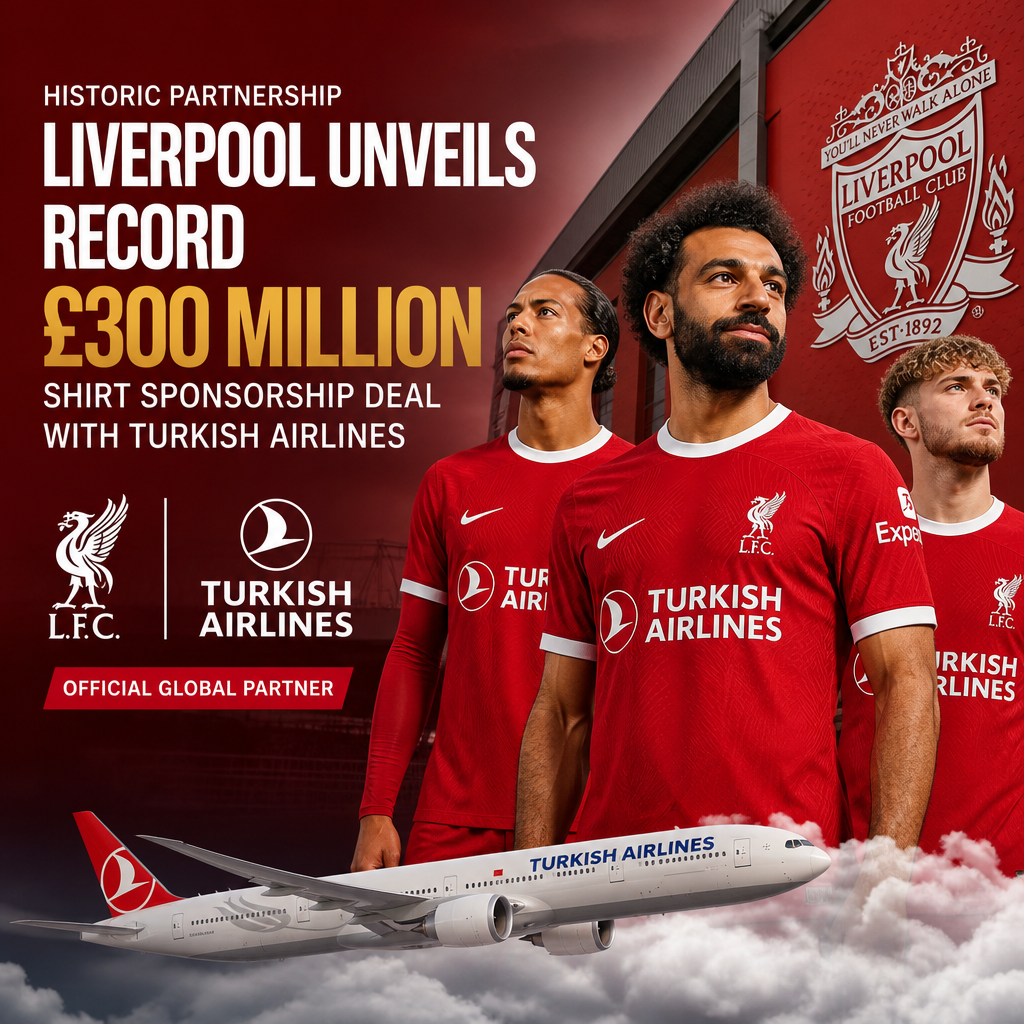 Liverpool Football Club players holding new shirts displaying Turkish Airlines, celebrating a £300 million sponsorship deal.