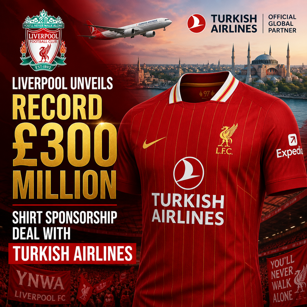 Liverpool Football Club unveils record £300 million shirt sponsorship deal with Turkish Airlines.