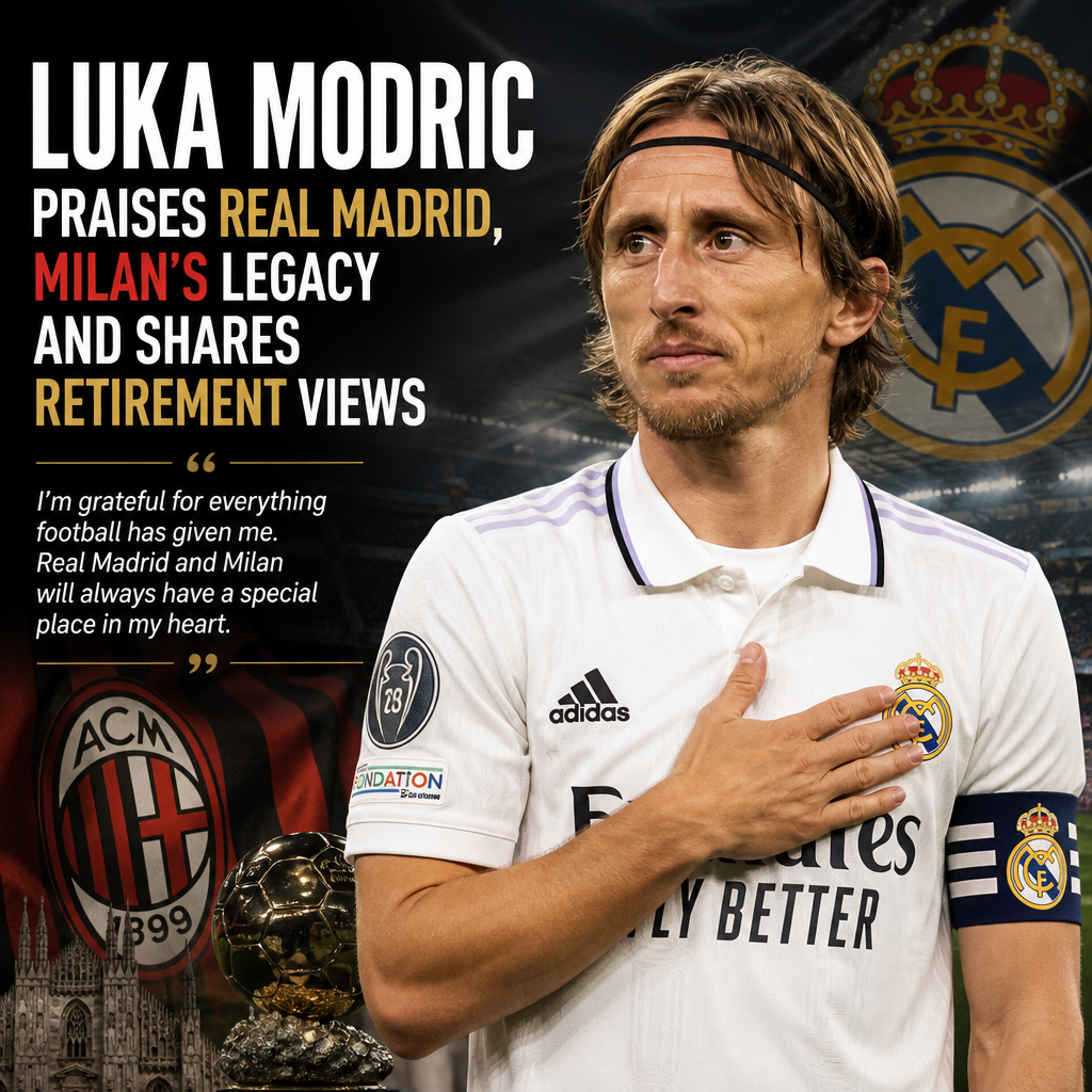 Luka Modric speaking at a press conference, praising Real Madrid and AC Milan's football legacy.