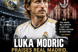 Luka Modric speaking at a press conference, praising Real Madrid and AC Milan’s legacy.