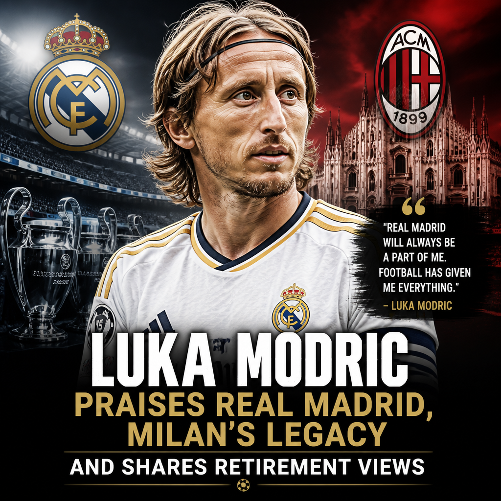 Luka Modric speaking at a press conference, praising Real Madrid and AC Milan’s legacy.