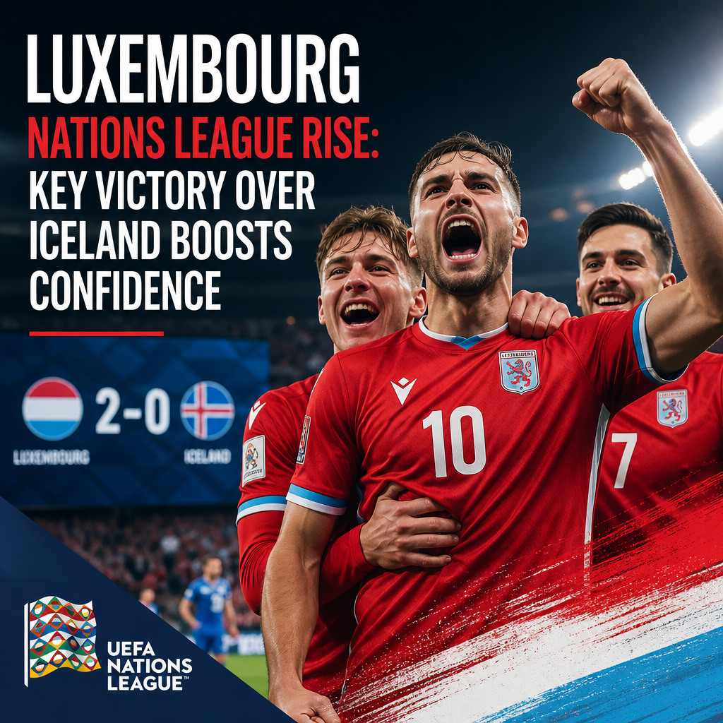 Luxembourg football players celebrate their 2-0 Nations League win over Iceland, boosting team spirit on the field.