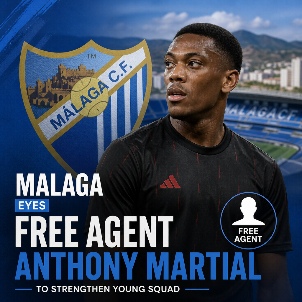 Portrait of Anthony Martial in football kit with Malaga CF logo, symbolizing potential signing to strengthen their squad.