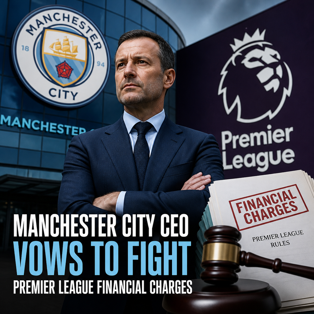 Manchester City CEO speaking at a press conference, determined to fight Premier League financial charges.