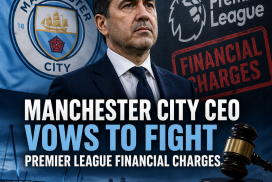 Manchester City CEO speaking at a press conference about Premier League financial charges.