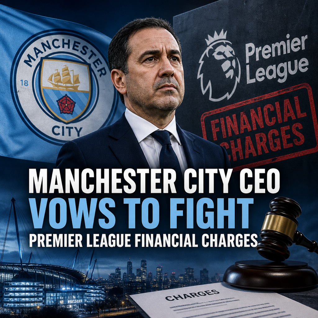 Manchester City CEO speaking at a press conference about Premier League financial charges.