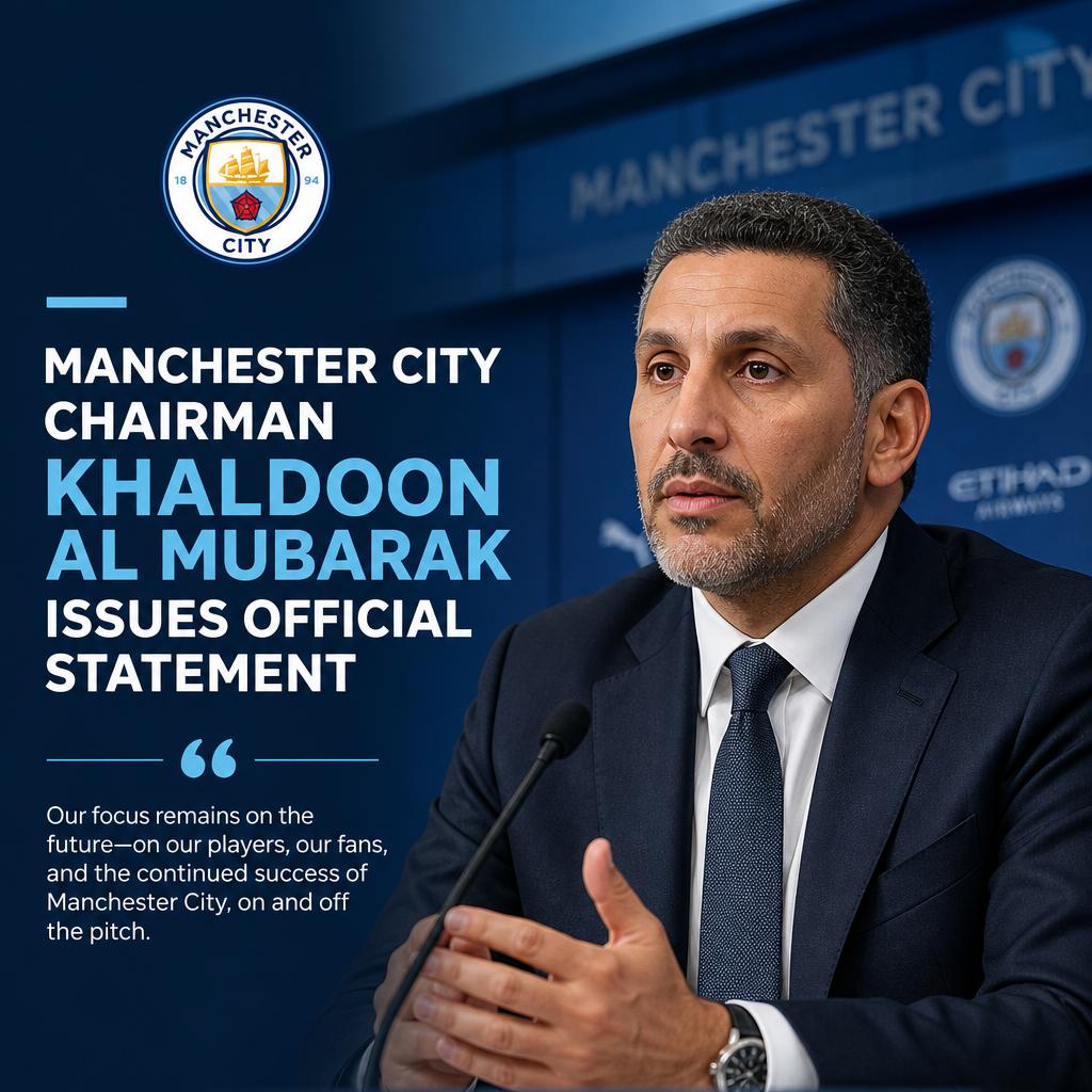 Manchester City chairman Khaldoon Al Mubarak speaks at a press conference about the club's future success.