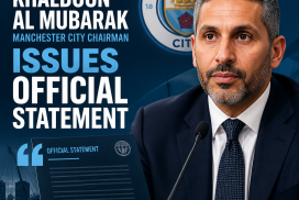 Khaldoon Al Mubarak, Manchester City Chairman, speaking at a press conference with a microphone.