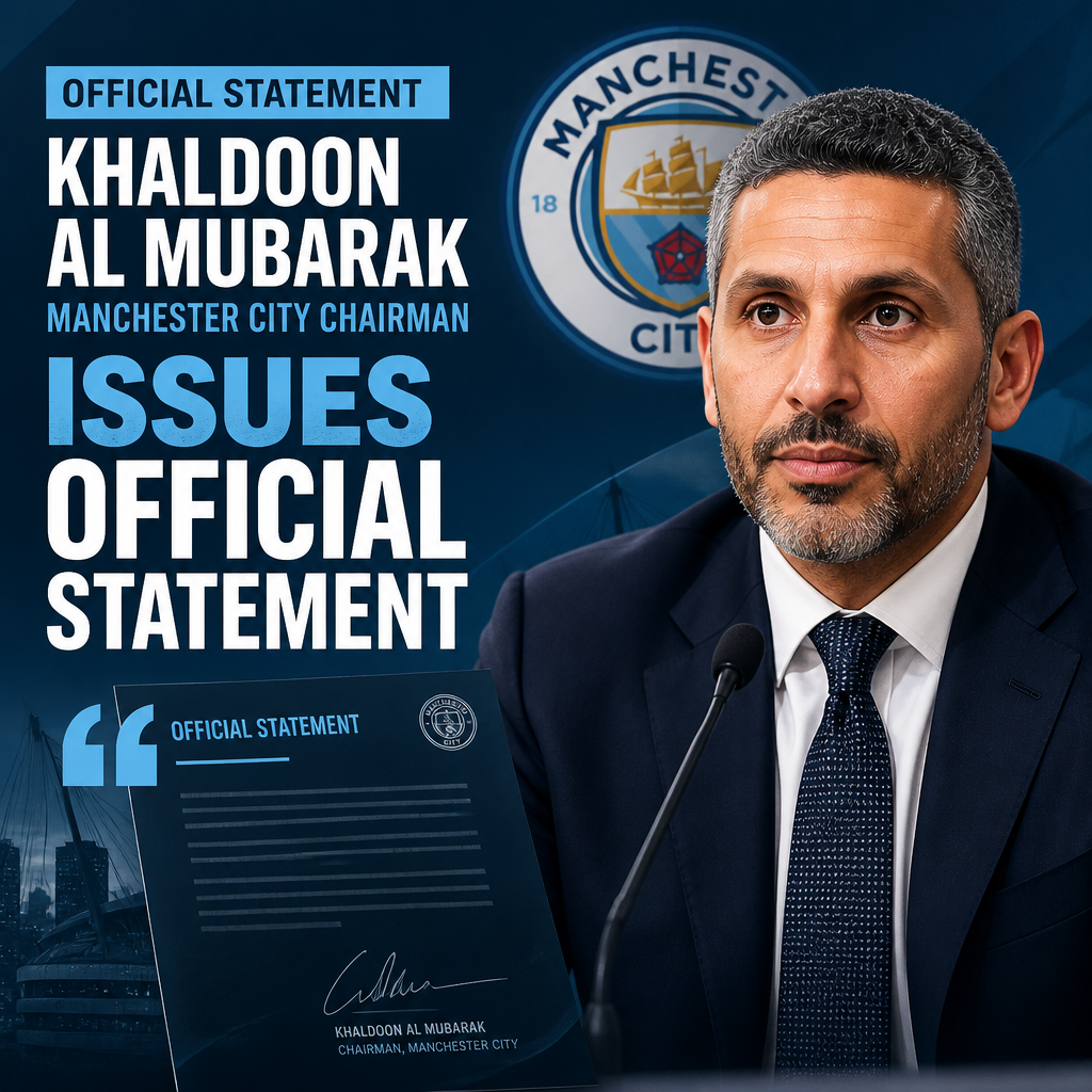 Khaldoon Al Mubarak, Manchester City Chairman, speaking at a press conference with a microphone.