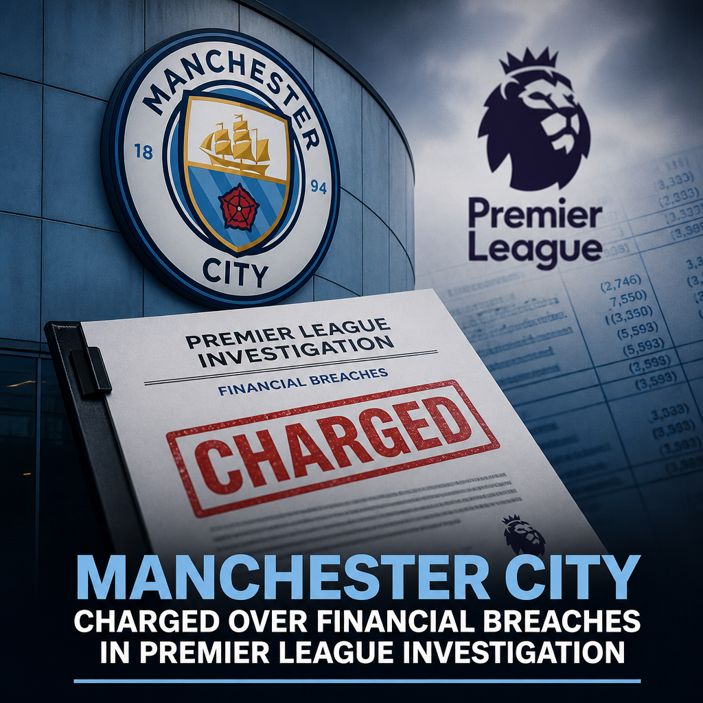 Manchester City Football Club logo with Premier League logo and text about financial breaches charge.