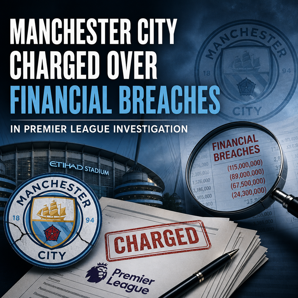 Manchester City officials at a press conference amid Premier League financial breach charges.