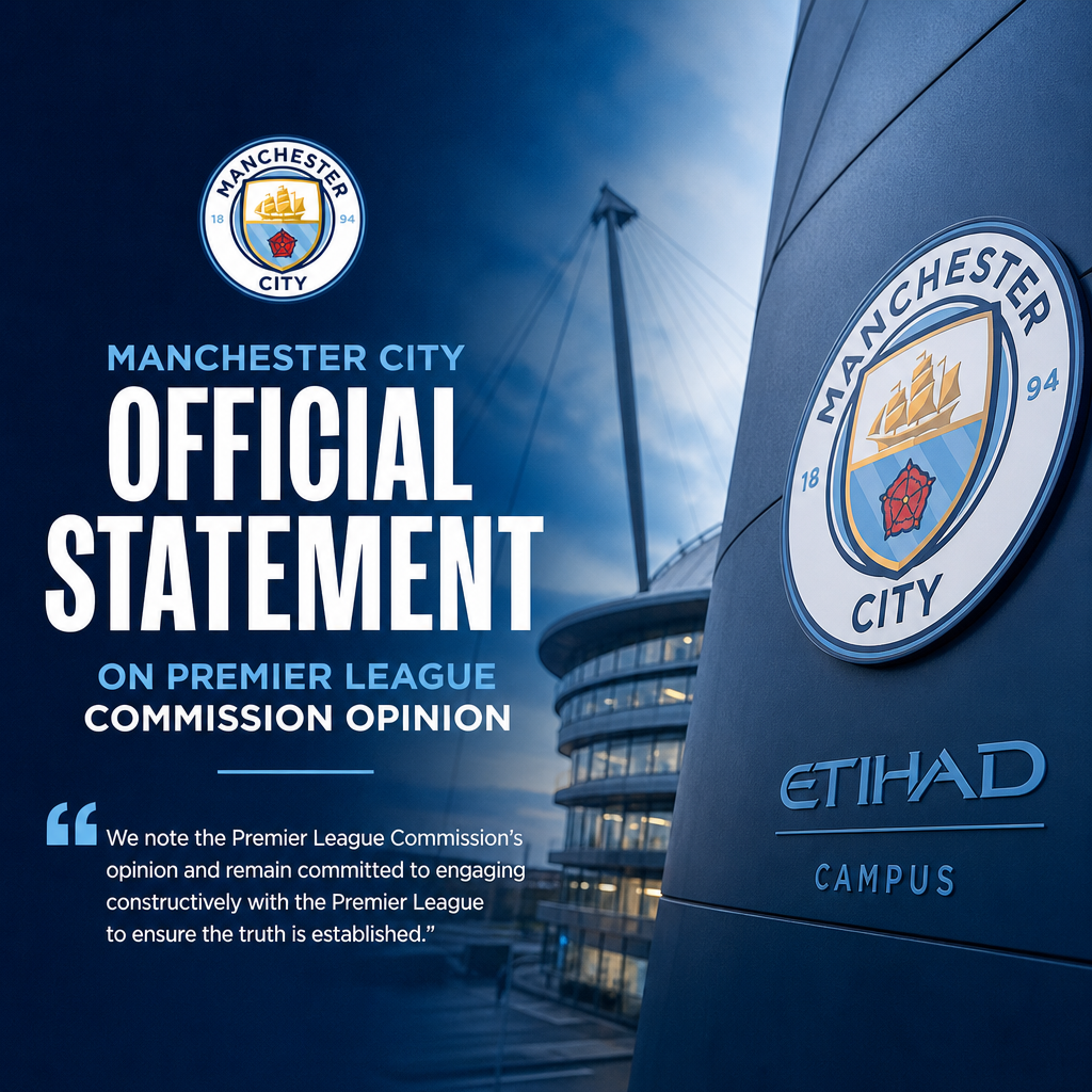 Manchester City official statement displayed with Etihad Campus buildings in the background.
