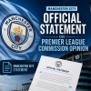 Manchester City logo overlaid on Etihad Stadium with official statement text on Premier League Commission opinion.