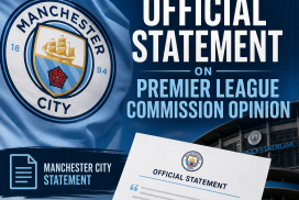 Manchester City logo overlaid on Etihad Stadium with official statement text on Premier League Commission opinion.