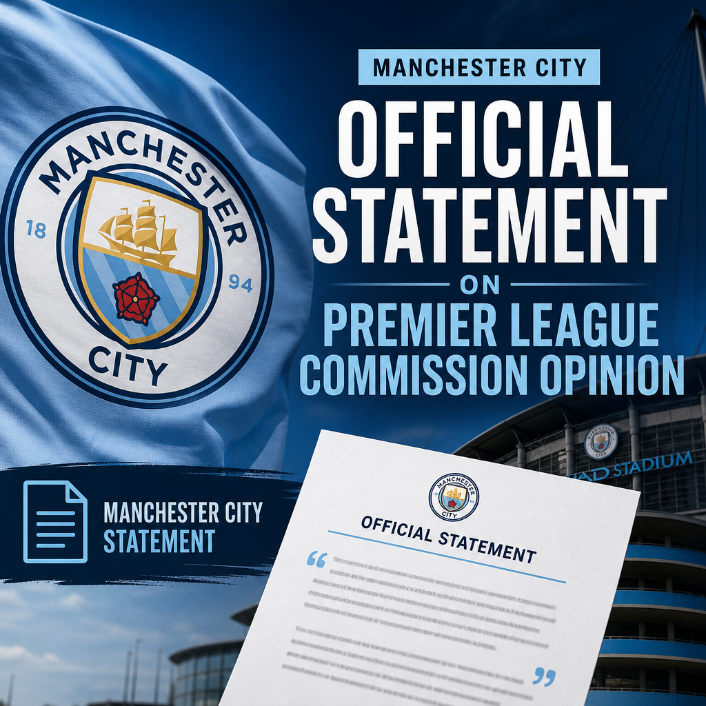 Manchester City logo overlaid on Etihad Stadium with official statement text on Premier League Commission opinion.