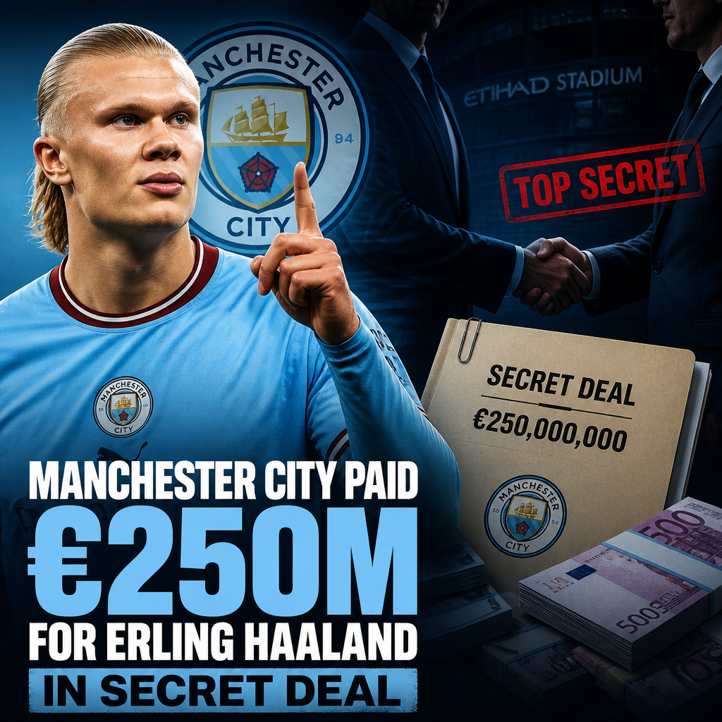 Erling Haaland in Manchester City kit celebrating a goal on the football field.