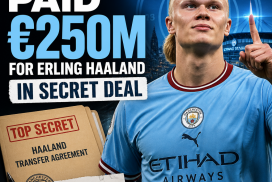 Erling Haaland in a Manchester City jersey celebrating a goal on the football field.