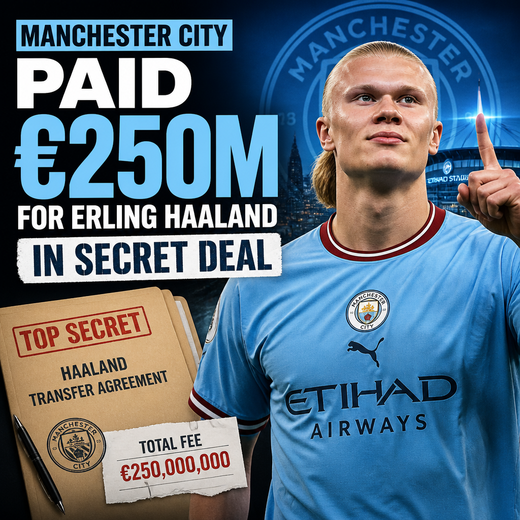 Erling Haaland in a Manchester City jersey celebrating a goal on the football field.