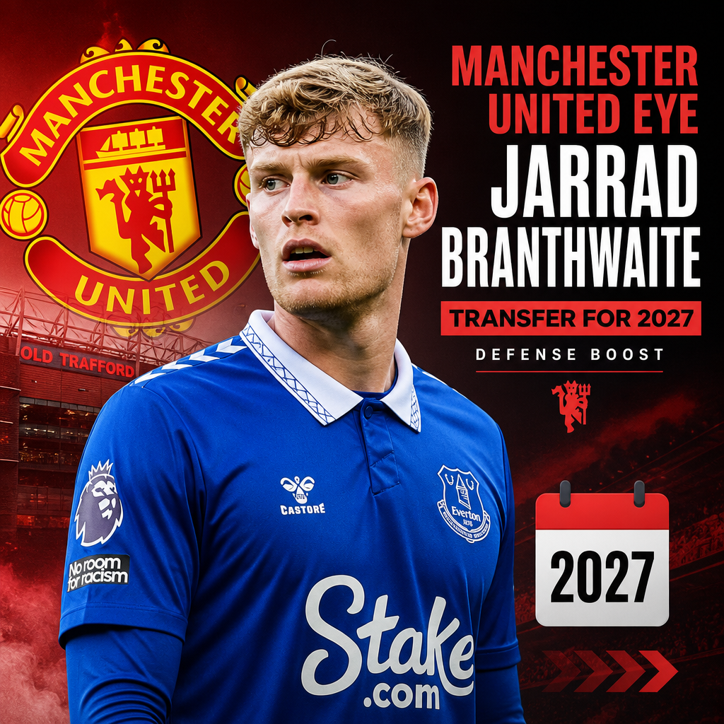 Jarrad Branthwaite in action on the soccer field, Manchester United logo visible in the background.
