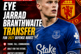 Jarrad Branthwaite in Everton kit, with Manchester United logo and transfer text overlay.