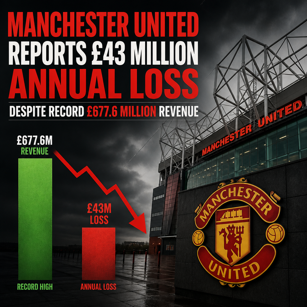 Manchester United executives in a boardroom with financial charts showing losses despite record revenue.