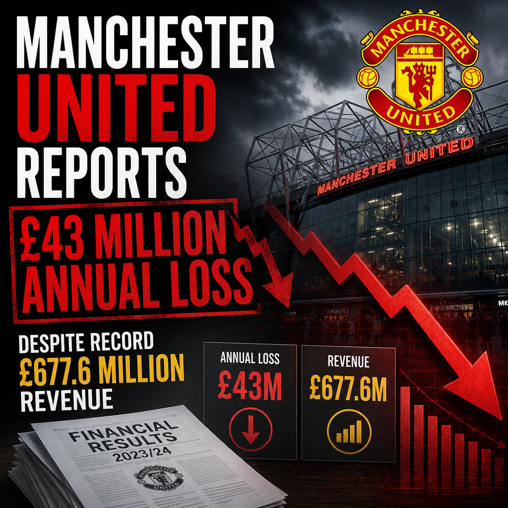 Graph showing Manchester United's £43 million loss despite record £677.6 million revenue in 2023/24 financial year.