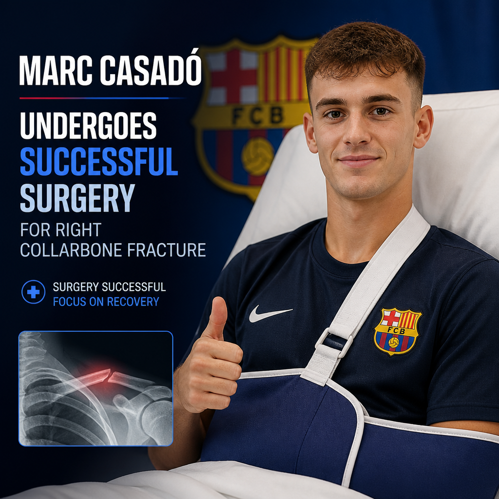 Marc Casadó lying in a hospital bed with a bandaged right collarbone after successful surgery.