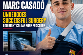 Marc Casadó smiles in a hospital bed with a bandaged right collarbone after successful surgery.