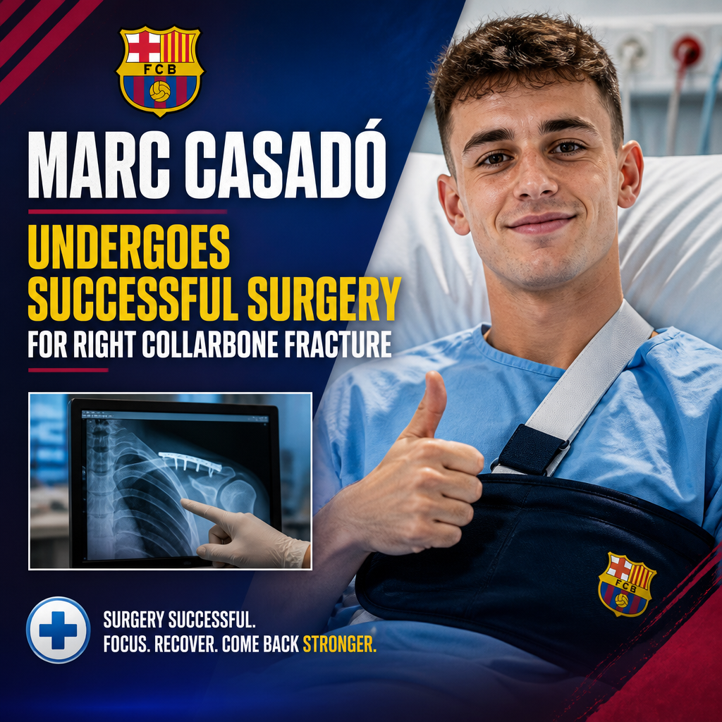 Marc Casadó smiles in a hospital bed with a bandaged right collarbone after successful surgery.