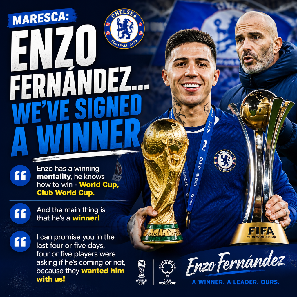 Chelsea FC announces Enzo Fernández signing, showcasing his World Cup and Club World Cup victories and winning mindset.