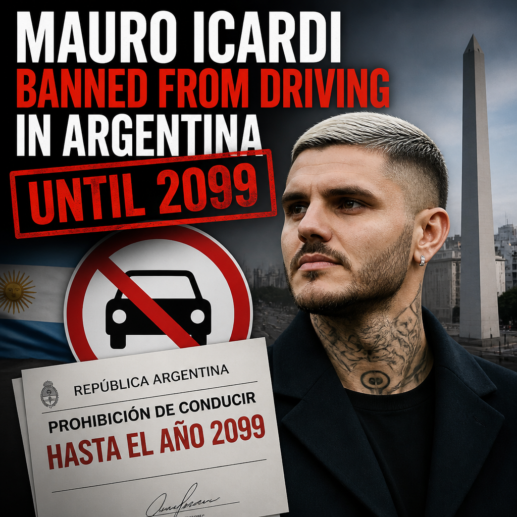 Official notice shows Mauro Icardi banned from driving in Argentina until 2099.