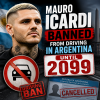 Graphic showing Mauro Icardi banned from driving in Argentina until 2099 with cancelled license and ban signs.