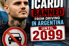 Graphic showing Mauro Icardi banned from driving in Argentina until 2099 with cancelled license and ban signs.