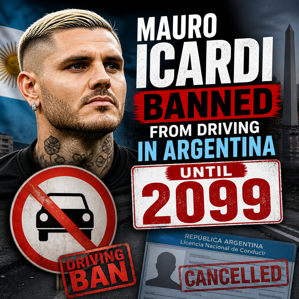 Graphic showing Mauro Icardi banned from driving in Argentina until 2099 with cancelled license and ban signs.
