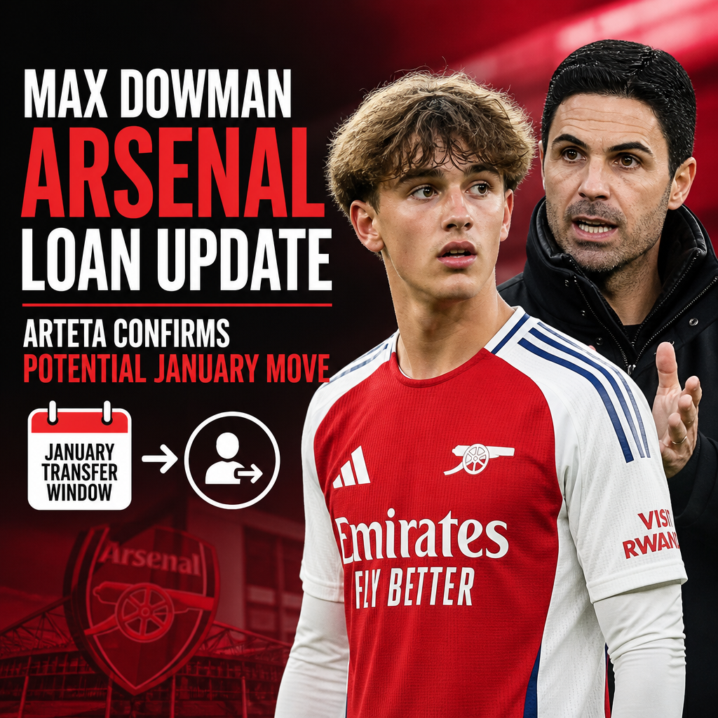 Mikel Arteta speaking at a press conference, discussing Max Dowman's potential January loan move from Arsenal.