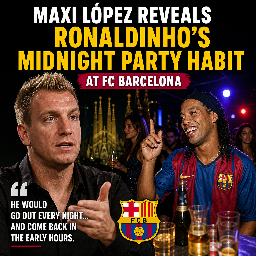 Maxi López smiling with Ronaldinho at a nighttime party during their time at FC Barcelona.
