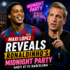 Maxi López and Ronaldinho with a vibrant night background, highlighting Ronaldinho's midnight party habit at Barcelona.
