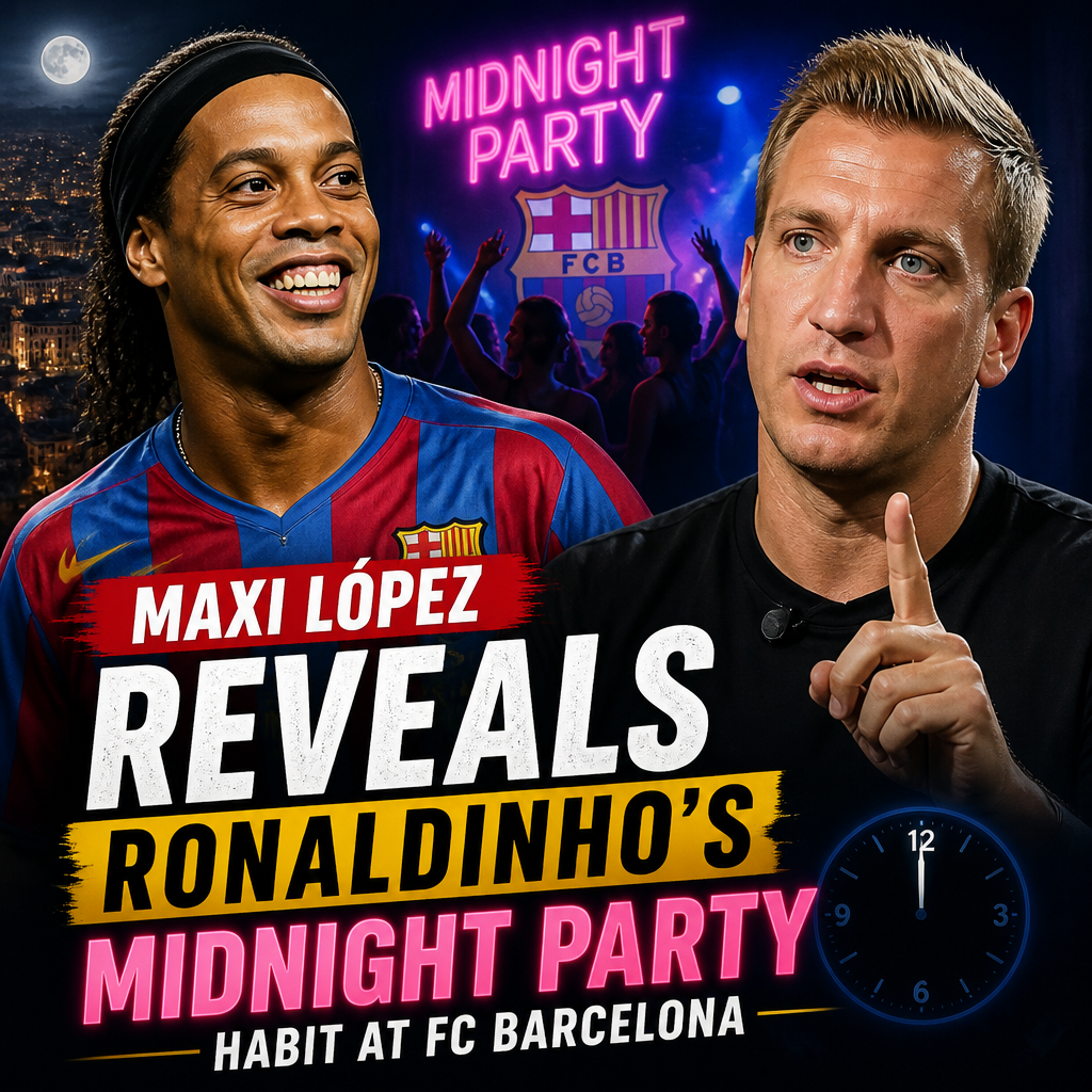 Maxi López and Ronaldinho with a vibrant night background, highlighting Ronaldinho's midnight party habit at Barcelona.