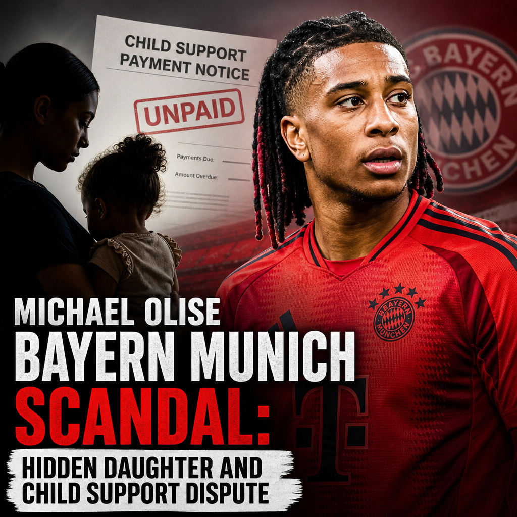 Michael Olise in a Bayern Munich jersey with a serious expression, highlighting a child support scandal.