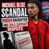 Michael Olise with Bayern Munich logo in background, symbolizing scandal over hidden daughter and child support dispute.