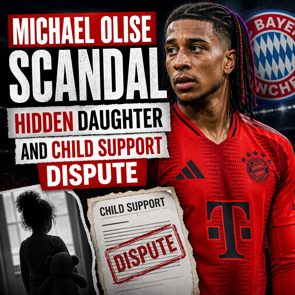 Michael Olise with Bayern Munich logo in background, symbolizing scandal over hidden daughter and child support dispute.