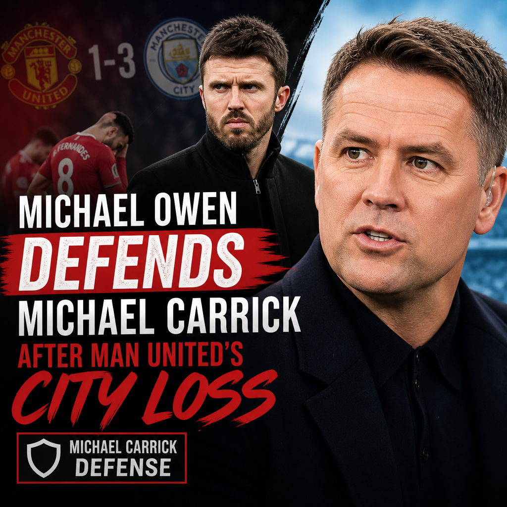 Michael Owen speaking during a football interview, wearing a blue quilted jacket with a stadium background.