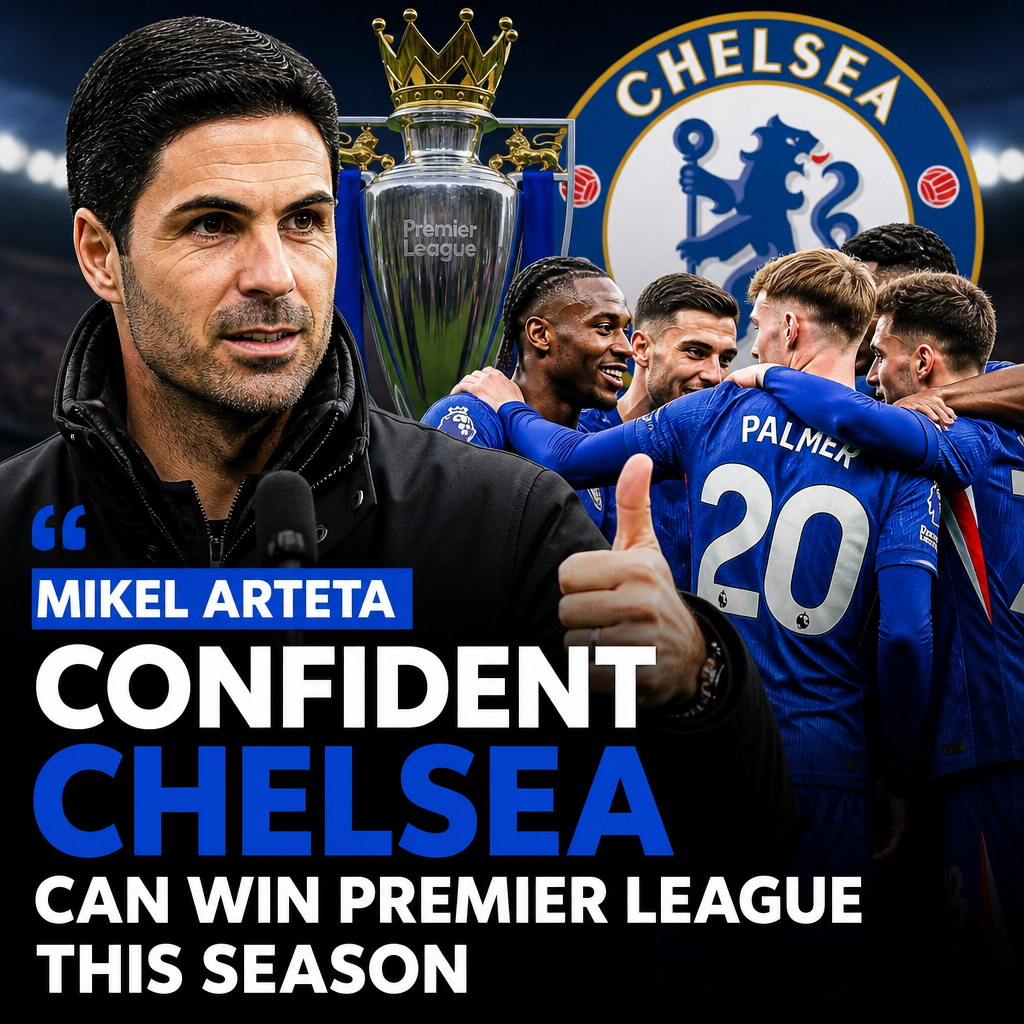 Mikel Arteta confidently speaking at a press conference about Chelsea’s Premier League chances.