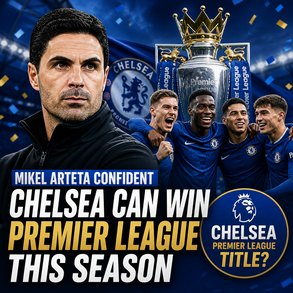 Mikel Arteta speaking confidently during a press conference about Chelsea's Premier League chances.