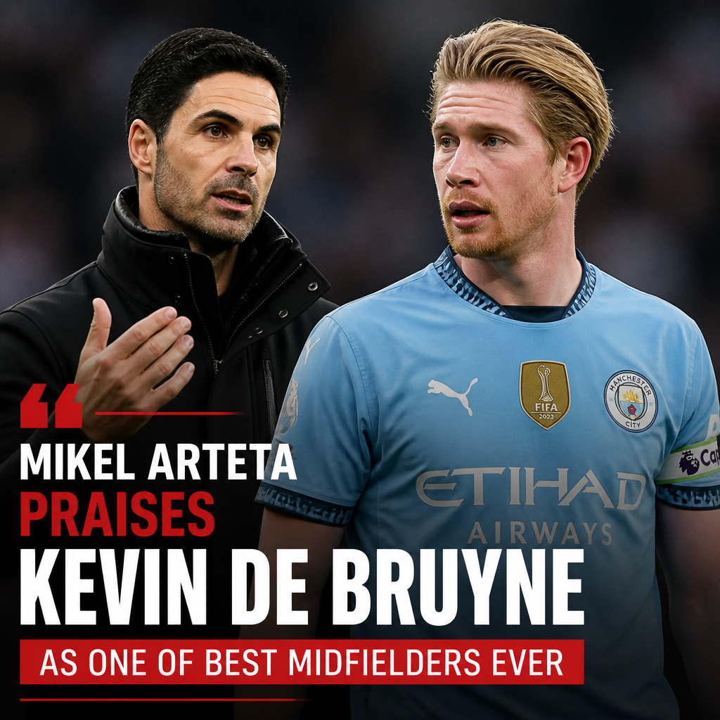 Mikel Arteta speaking at a press conference, praising Kevin De Bruyne as one of the best midfielders.