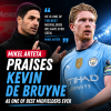 Mikel Arteta speaking at a press conference with a photo of Kevin De Bruyne in the background.