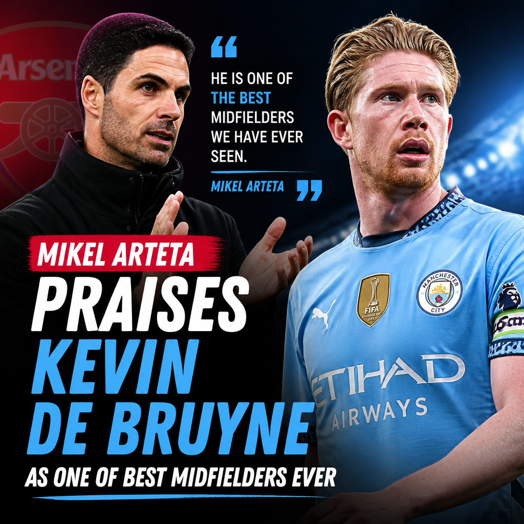 Mikel Arteta speaking at a press conference with a photo of Kevin De Bruyne in the background.