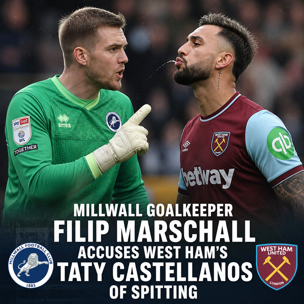 Millwall goalkeeper Filip Marschall confronts West Ham player Taty Castellanos, accusing him of spitting during a football ma